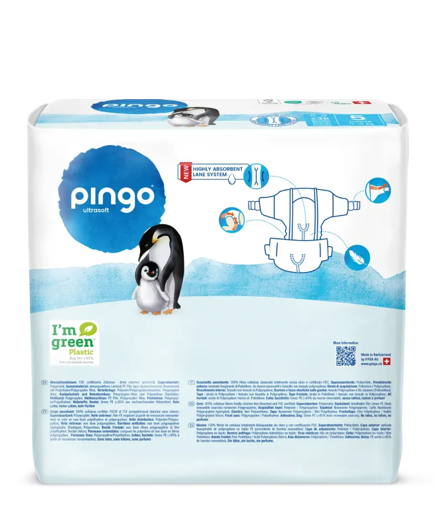 Nouveau - Pingo couches écologiques Taille 5 (11-16 kg) - boîte de 4 sachets x 36 unités