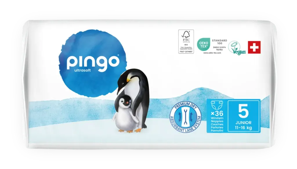Nouveau - Pingo couches écologiques Taille 5 (11-16 kg) - boîte de 4 sachets x 36 unités