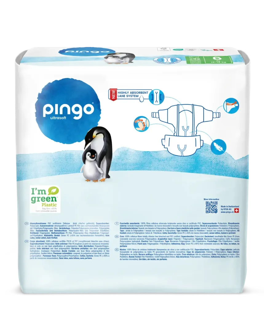 Nouveau - Pingo couches écologiques Taille 6 (13-18 kg) - boîte de 4 sachets x 32 unités