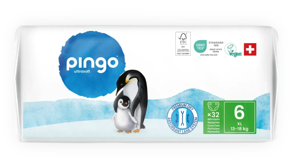 Nouveau - Pingo couches écologiques Taille 6 (13-18 kg) - boîte de 4 sachets x 32 unités