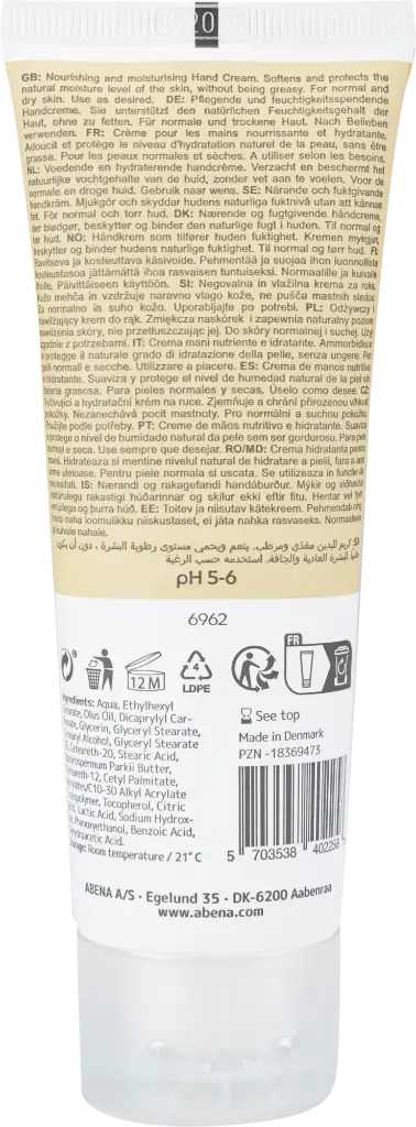 Abena Crème Mains 21 % Lipides - sans parfum – boîte de 12 tubes x 75 ml