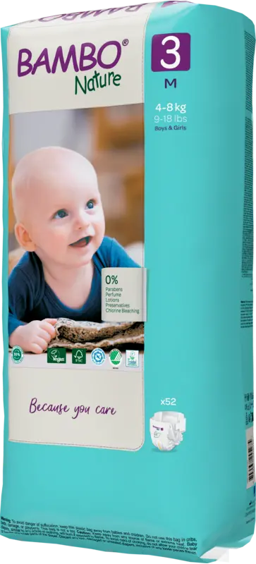 Bambo Nature Couches Taille 3 (4-8 kg) - Grand Format - boîte de 3 sachets x 52 unités