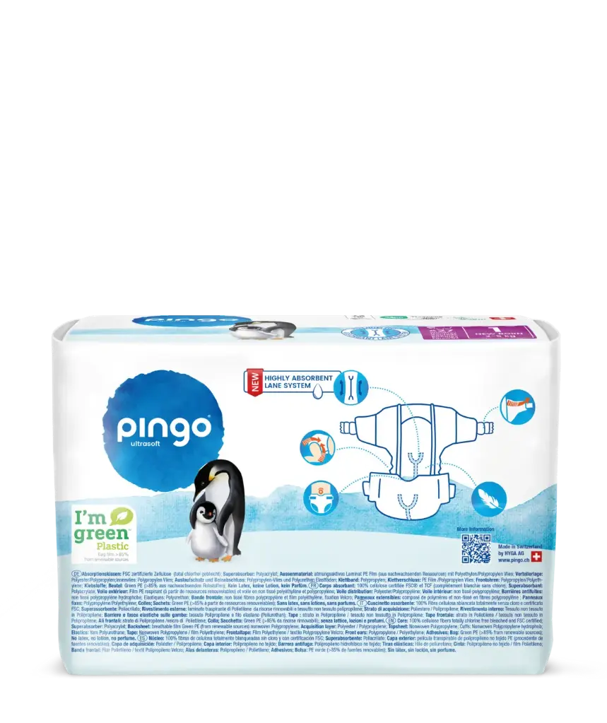Nouveau - Pingo couches écologiques Taille 1 (2-5 kg) - boîte de 4 sachets x 27 unités