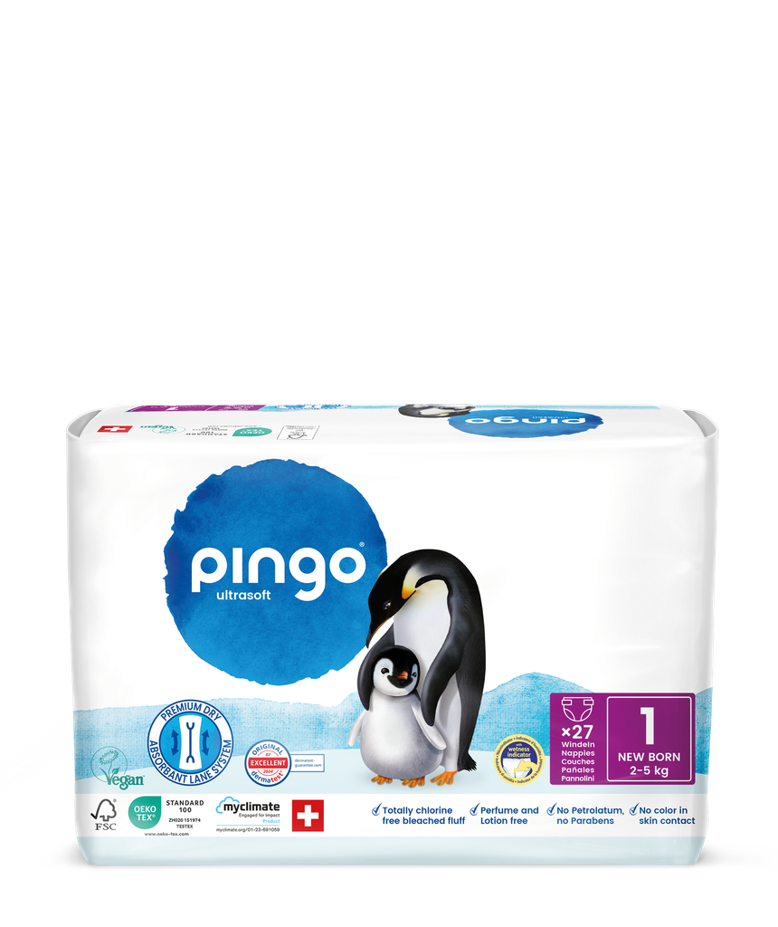 Nouveau - Pingo couches écologiques Taille 1 (2-5 kg) - boîte de 4 sachets x 27 unités