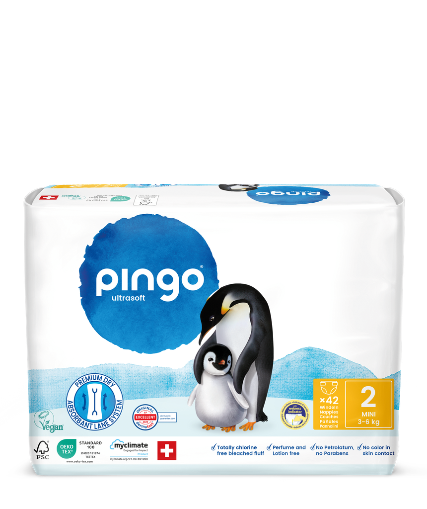 Nouveau - Pingo couches écologiques Taille 2 (3-6 kg) - boîte de 4 sachets x 42 unités