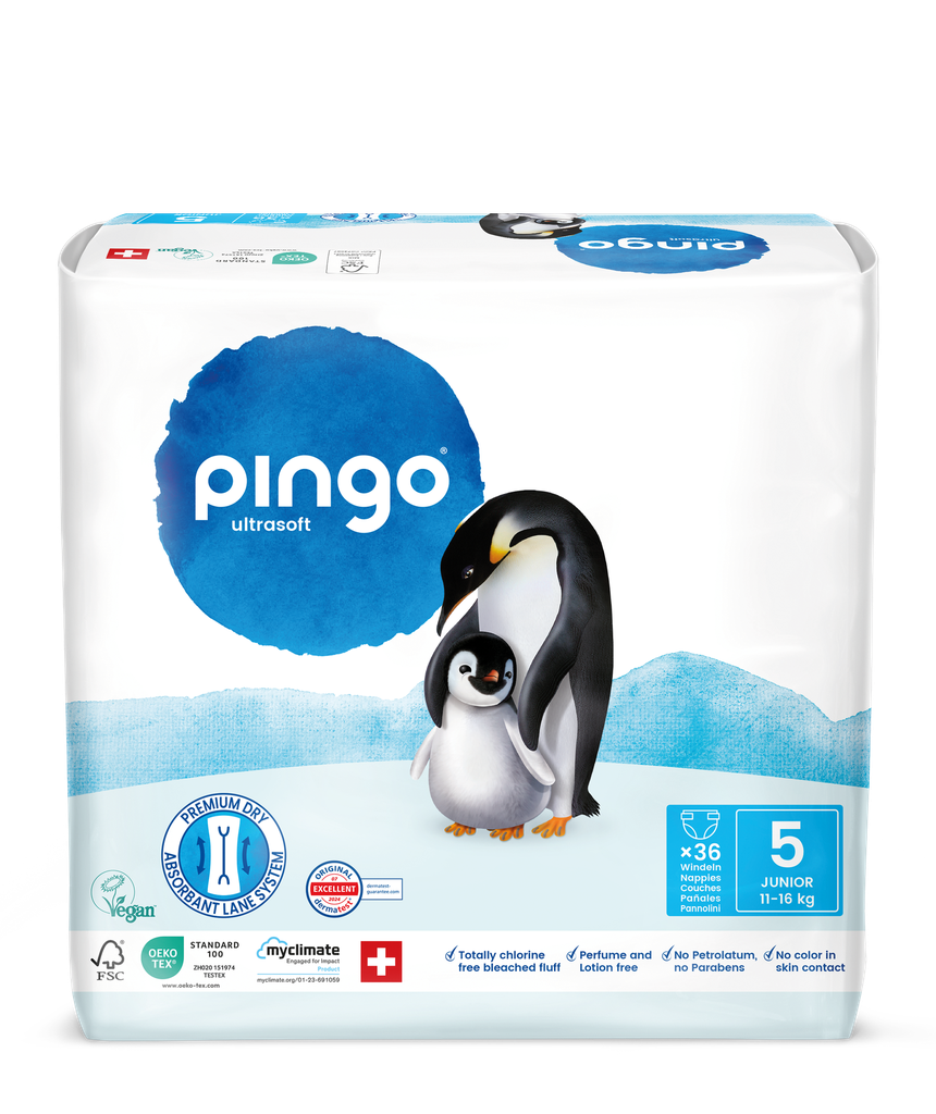 Nouveau - Pingo couches écologiques Taille 5 (11-16 kg) - boîte de 4 sachets x 36 unités
