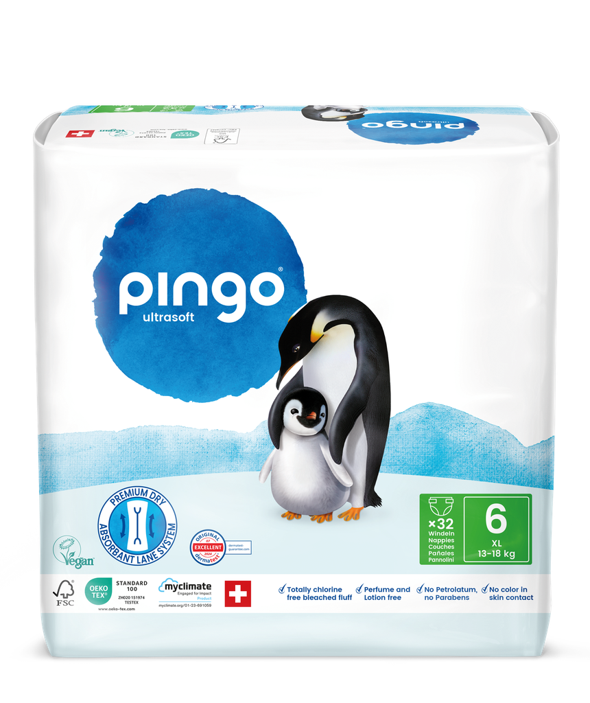 Nouveau - Pingo couches écologiques Taille 6 (13-18 kg) - boîte de 4 sachets x 32 unités