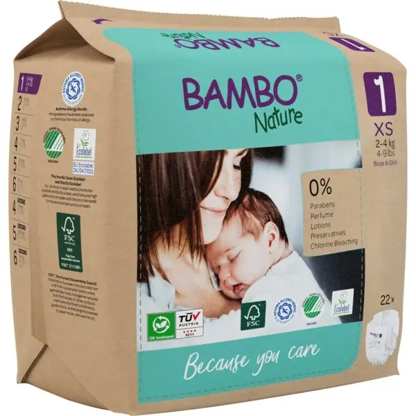 Bambo Nature Couches Taille 1 (2-4 kg) - boîte de 6 sachets x 22 unités